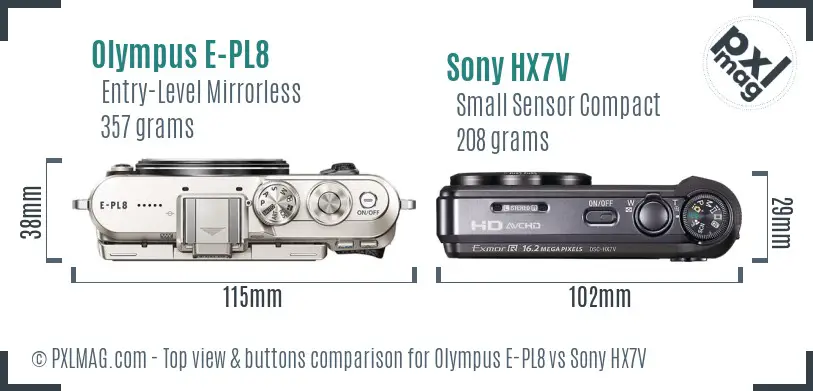 Olympus E-PL8 vs Sony HX7V top view buttons comparison