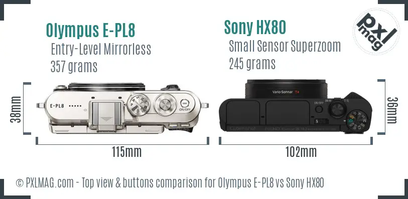 Olympus E-PL8 vs Sony HX80 top view buttons comparison