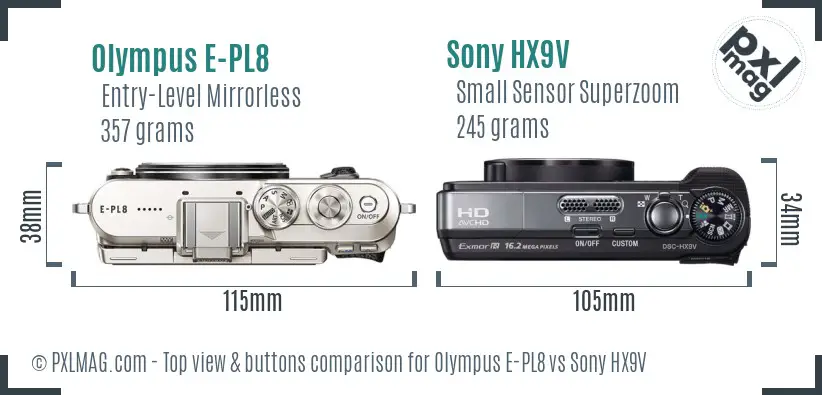 Olympus E-PL8 vs Sony HX9V top view buttons comparison