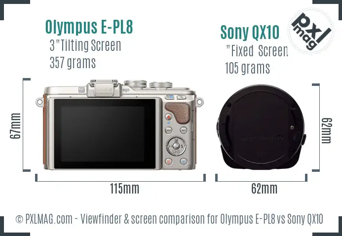 Olympus E-PL8 vs Sony QX10 Screen and Viewfinder comparison