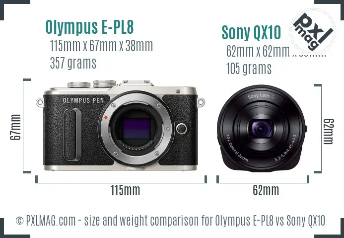 Olympus E-PL8 vs Sony QX10 size comparison