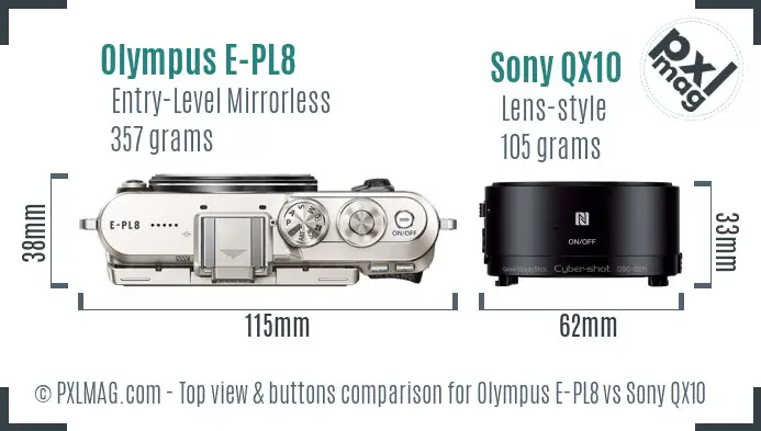 Olympus E-PL8 vs Sony QX10 top view buttons comparison