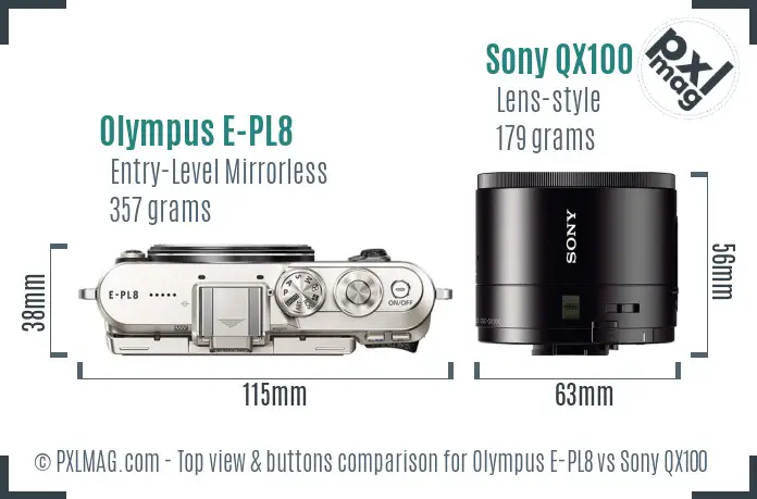 Olympus E-PL8 vs Sony QX100 top view buttons comparison