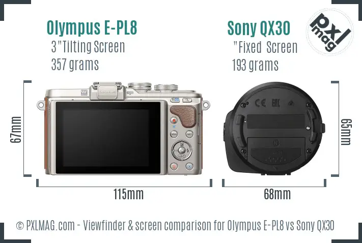 Olympus E-PL8 vs Sony QX30 Screen and Viewfinder comparison