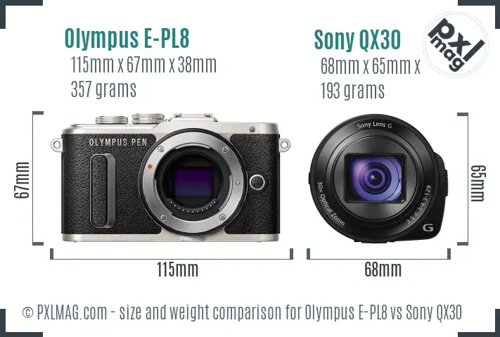 Olympus E-PL8 vs Sony QX30 size comparison