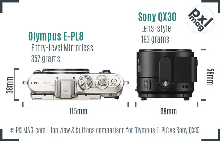 Olympus E-PL8 vs Sony QX30 top view buttons comparison