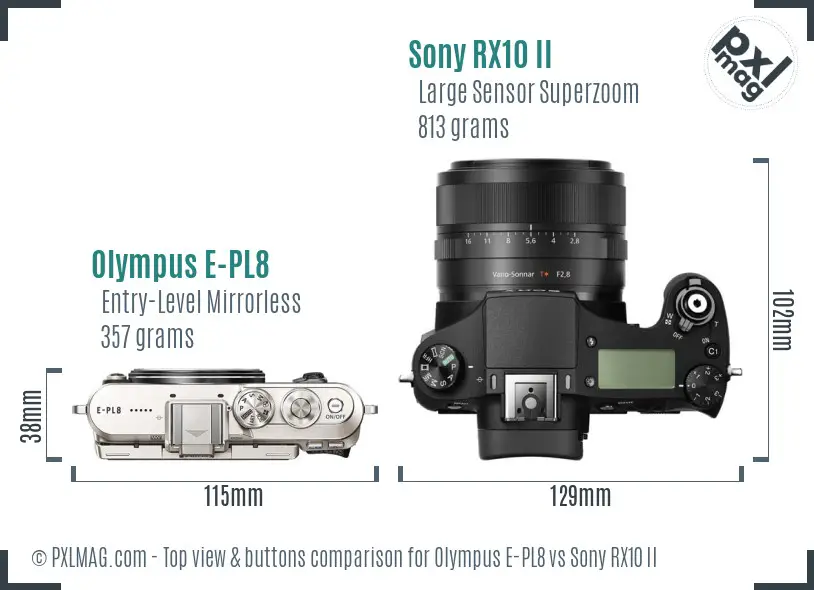 Olympus E-PL8 vs Sony RX10 II top view buttons comparison