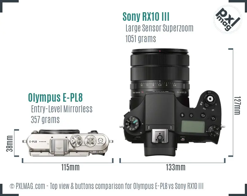 Olympus E-PL8 vs Sony RX10 III top view buttons comparison