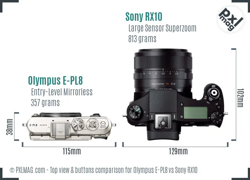 Olympus E-PL8 vs Sony RX10 top view buttons comparison