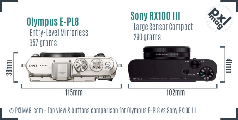 Olympus E-PL8 vs Sony RX100 III top view buttons comparison