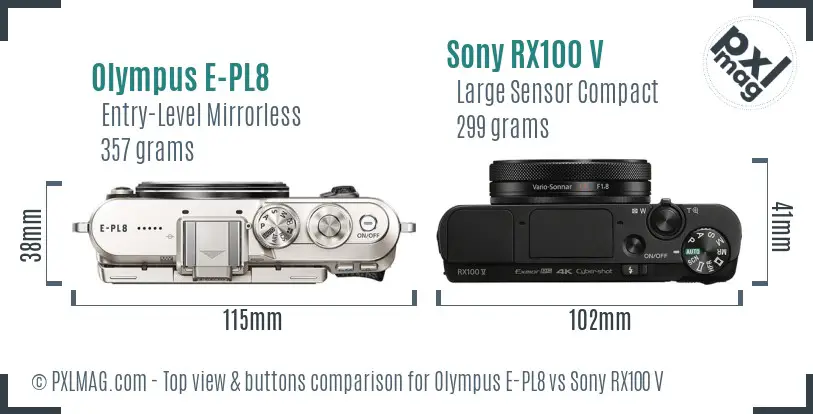 Olympus E-PL8 vs Sony RX100 V top view buttons comparison