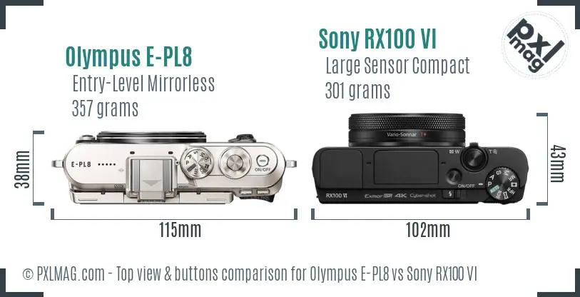 Olympus E-PL8 vs Sony RX100 VI top view buttons comparison Olympus E-PL8 vs Sony RX100 VI top view buttons comparison