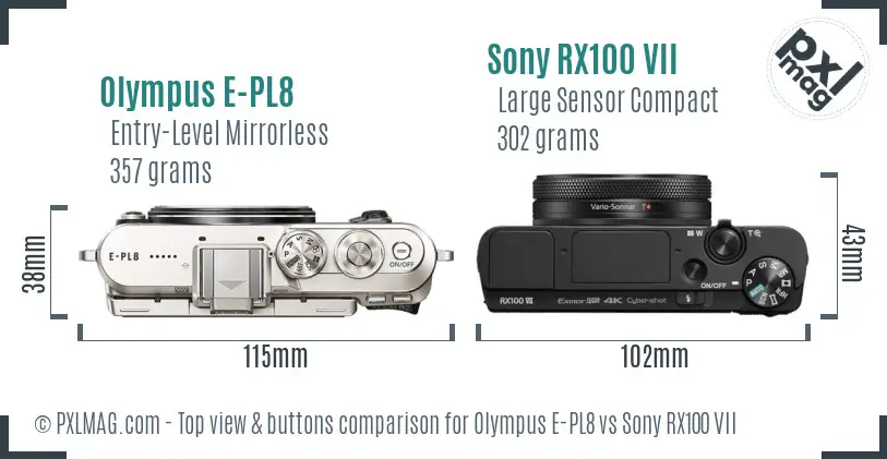 Olympus E-PL8 vs Sony RX100 VII top view buttons comparison Olympus E-PL8 vs Sony RX100 VII top view buttons comparison