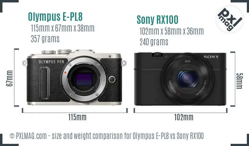 Olympus E-PL8 vs Sony RX100 size comparison