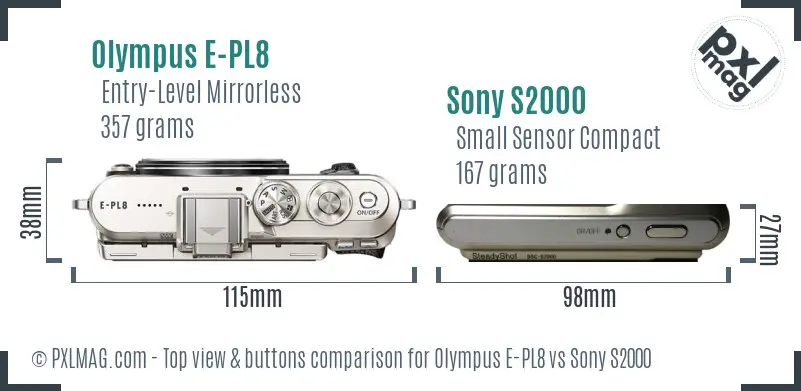 Olympus E-PL8 vs Sony S2000 top view buttons comparison