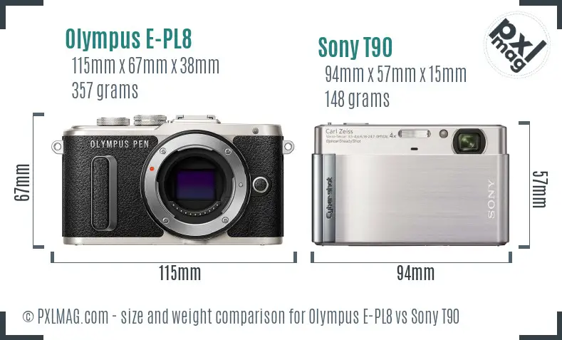 Olympus E-PL8 vs Sony T90 size comparison