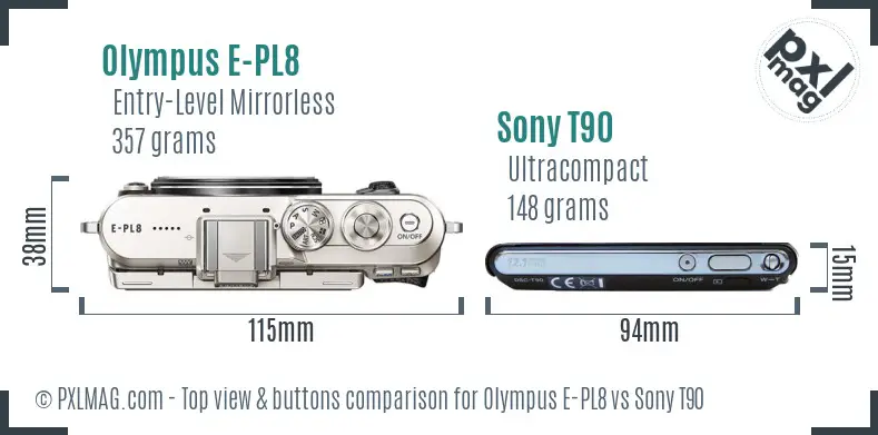 Olympus E-PL8 vs Sony T90 top view buttons comparison