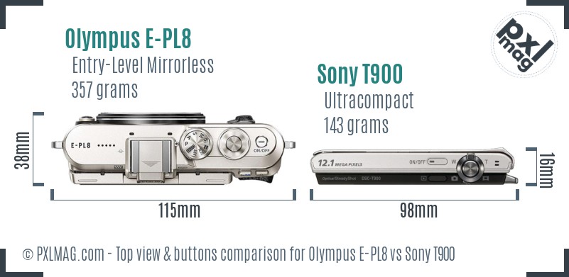 Olympus E-PL8 vs Sony T900 top view buttons comparison