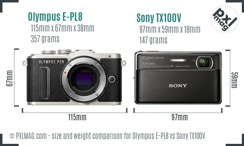 Olympus E-PL8 vs Sony TX100V size comparison