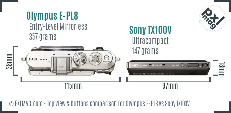 Olympus E-PL8 vs Sony TX100V top view buttons comparison