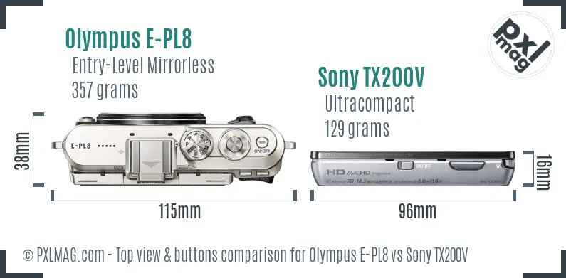 Olympus E-PL8 vs Sony TX200V top view buttons comparison