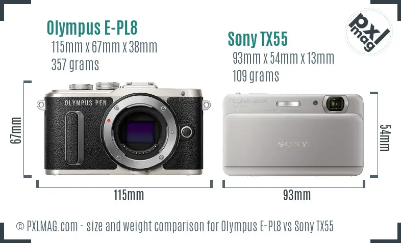 Olympus E-PL8 vs Sony TX55 size comparison