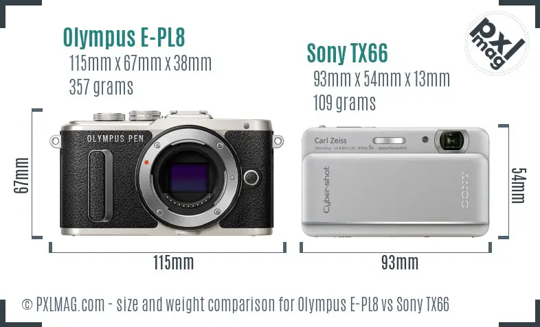 Olympus E-PL8 vs Sony TX66 size comparison