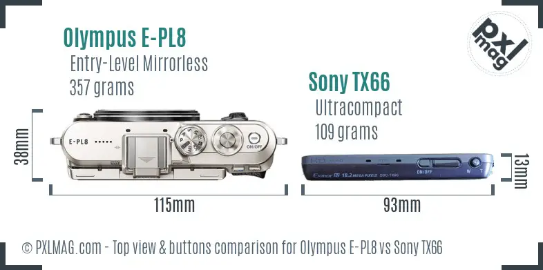 Olympus E-PL8 vs Sony TX66 top view buttons comparison