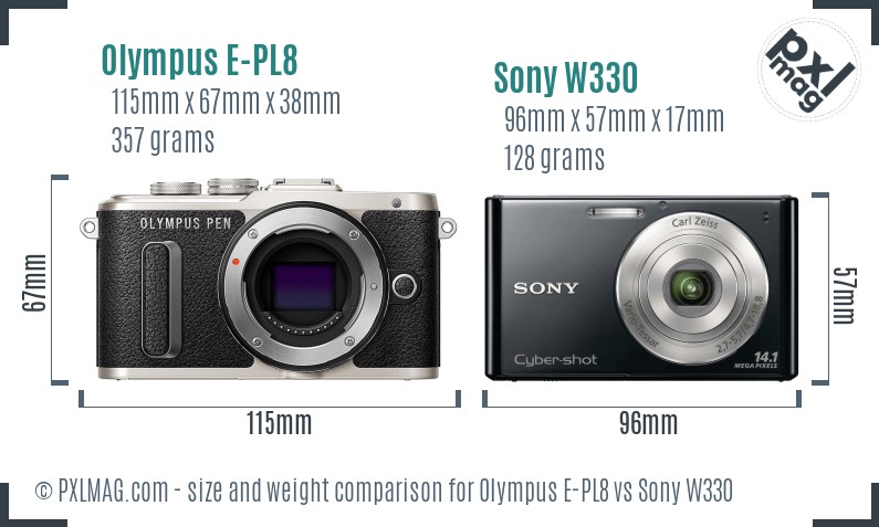 Olympus E-PL8 vs Sony W330 size comparison