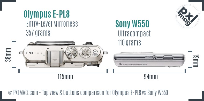 Olympus E-PL8 vs Sony W550 top view buttons comparison