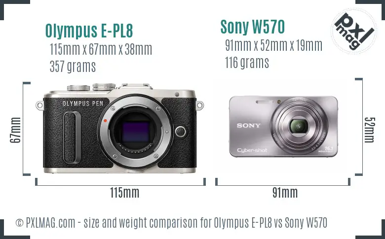 Olympus E-PL8 vs Sony W570 size comparison