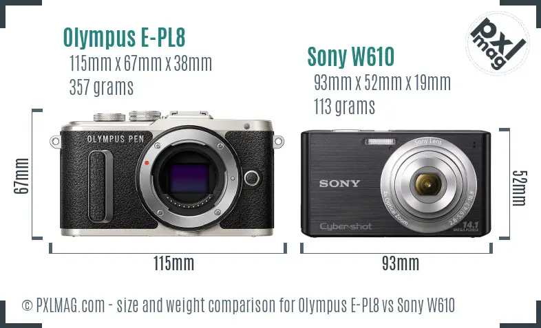 Olympus E-PL8 vs Sony W610 size comparison