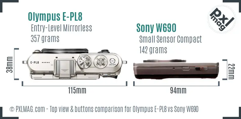 Olympus E-PL8 vs Sony W690 top view buttons comparison Olympus E-PL8 vs Sony W690 top view buttons comparison