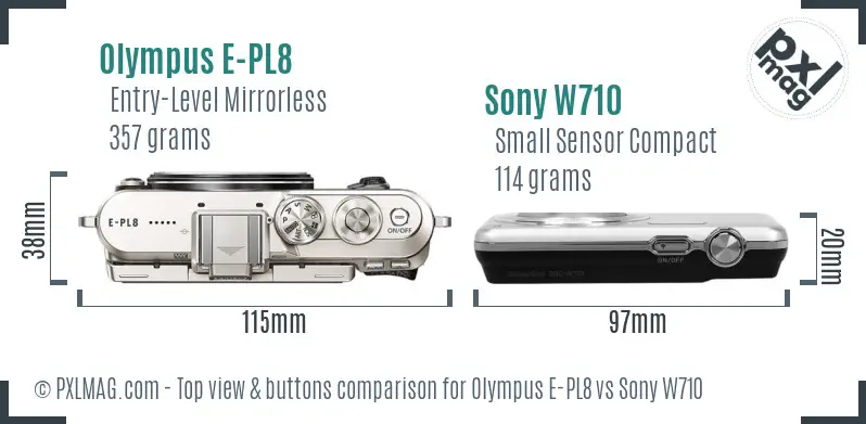 Olympus E-PL8 vs Sony W710 top view buttons comparison Olympus E-PL8 vs Sony W710 top view buttons comparison