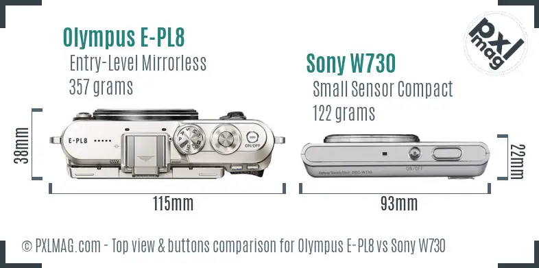 Olympus E-PL8 vs Sony W730 top view buttons comparison Olympus E-PL8 vs Sony W730 top view buttons comparison
