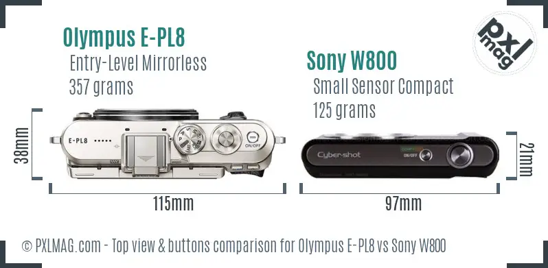 Olympus E-PL8 vs Sony W800 top view buttons comparison