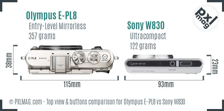 Olympus E-PL8 vs Sony W830 top view buttons comparison