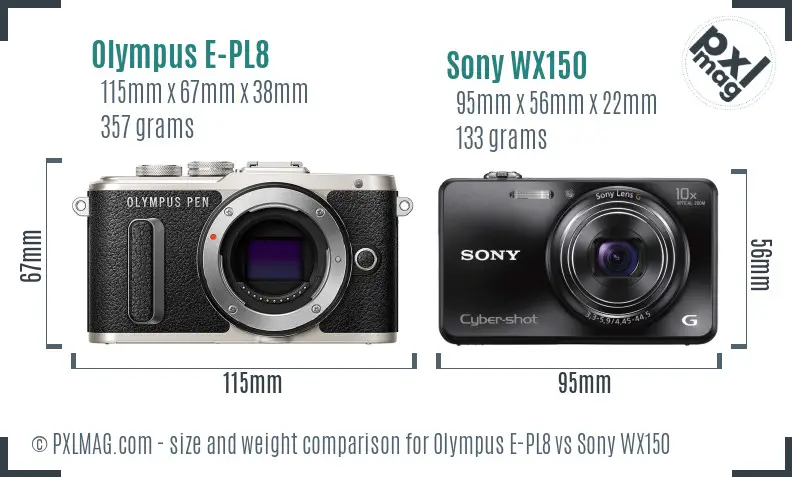 Olympus E-PL8 vs Sony WX150 size comparison