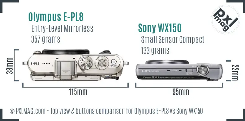 Olympus E-PL8 vs Sony WX150 top view buttons comparison