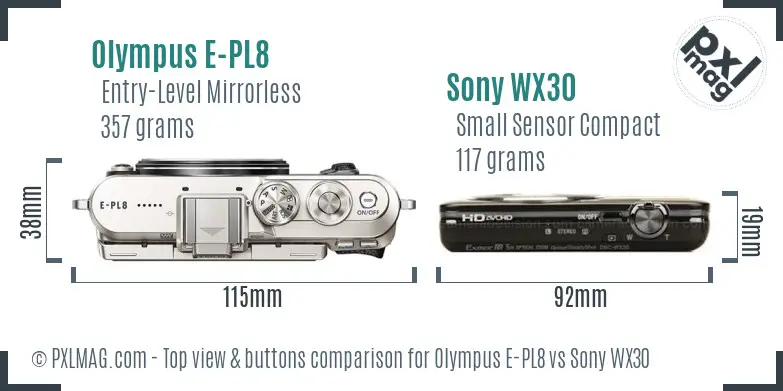 Olympus E-PL8 vs Sony WX30 top view buttons comparison