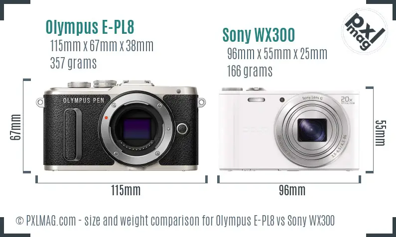 Olympus E-PL8 vs Sony WX300 size comparison