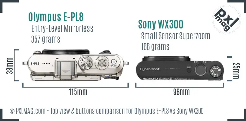 Olympus E-PL8 vs Sony WX300 top view buttons comparison