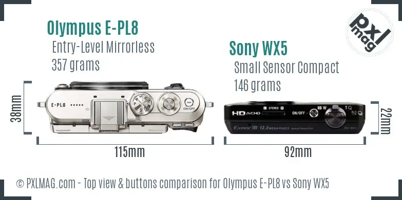 Olympus E-PL8 vs Sony WX5 top view buttons comparison Olympus E-PL8 vs Sony WX5 top view buttons comparison