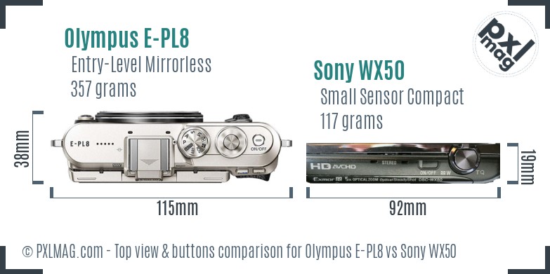 Olympus E-PL8 vs Sony WX50 top view buttons comparison