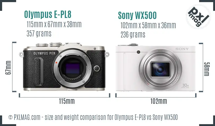 Olympus E-PL8 vs Sony WX500 size comparison Olympus E-PL8 vs Sony WX500 size comparison