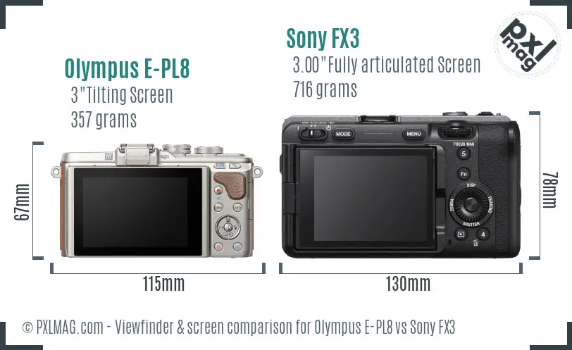 Olympus E-PL8 vs Sony FX3 Screen and Viewfinder comparison