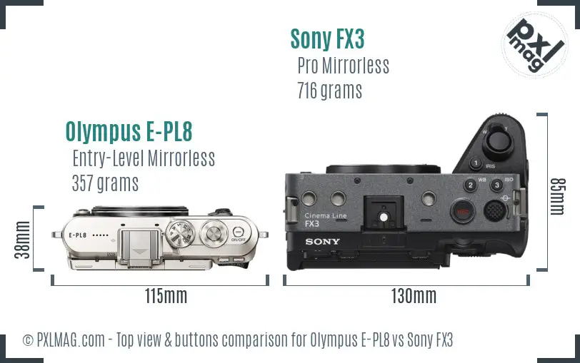 Olympus E-PL8 vs Sony FX3 top view buttons comparison
