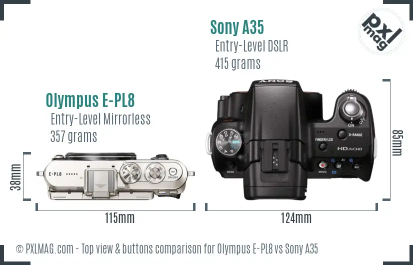 Olympus E-PL8 vs Sony A35 top view buttons comparison