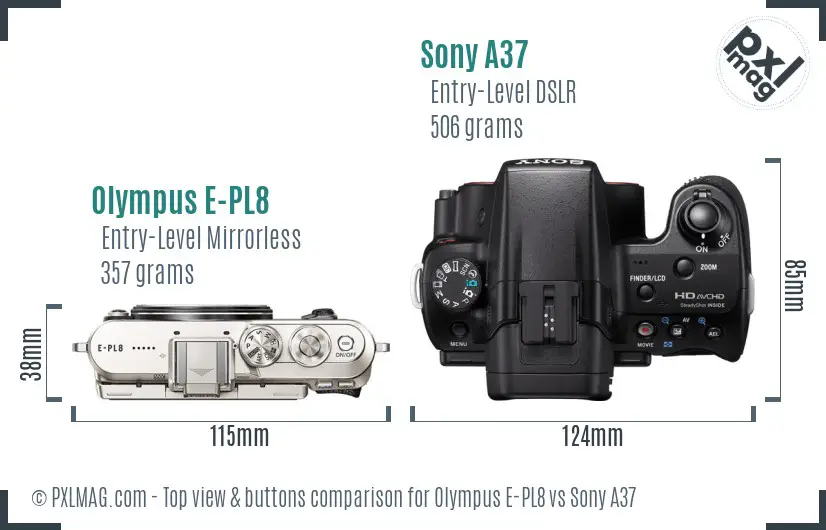 Olympus E-PL8 vs Sony A37 top view buttons comparison