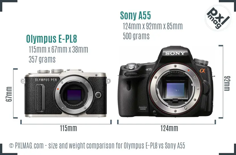 Olympus E-PL8 vs Sony A55 size comparison